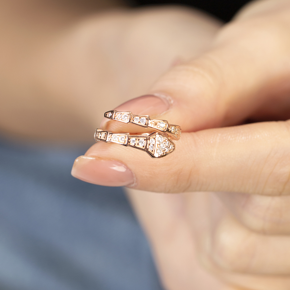 Zirkon Taşlı Snake Tasarım Rose Renk Ayarlanabilir Ölçü 925 Ayar Gümüş Kadın Yüzük - 2