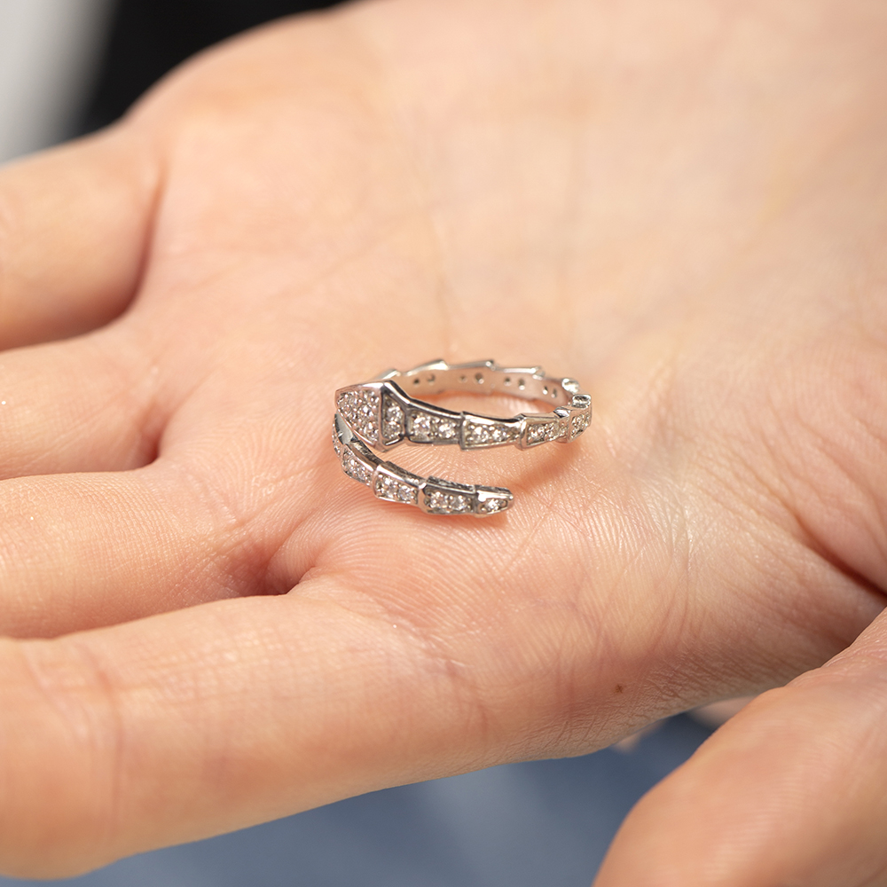 Zirkon Taşlı Snake Tasarım Gümüş Renk Ayarlanabilir Ölçü 925 Ayar Gümüş Kadın Yüzük - 5