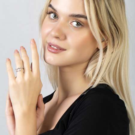 Zirkon Taşlı Snake Tasarım Gümüş Renk Ayarlanabilir Ölçü 925 Ayar Gümüş Kadın Yüzük - Tesbihane