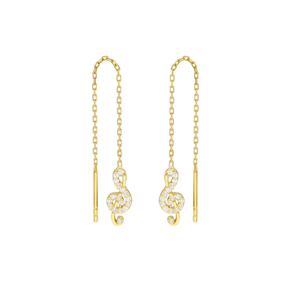 Zirkon Taşlı Sol Anahtarı Tasarım Gold Renk 925 Ayar Gümüş Sallantılı Küpe - 3