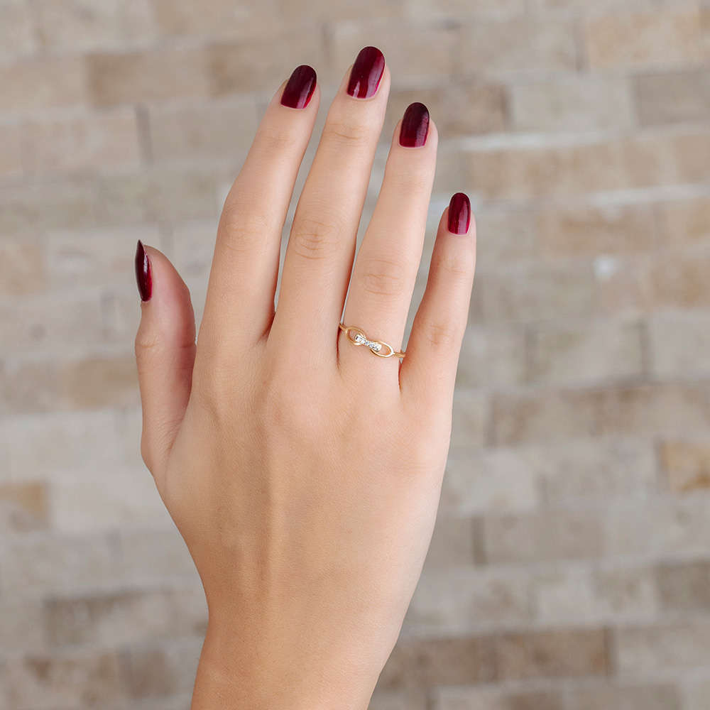 Zirkon Taşlı Sonsuzluk Tasarım Altın Renk 925 Ayar Gümüş Bayan Yüzük - 3