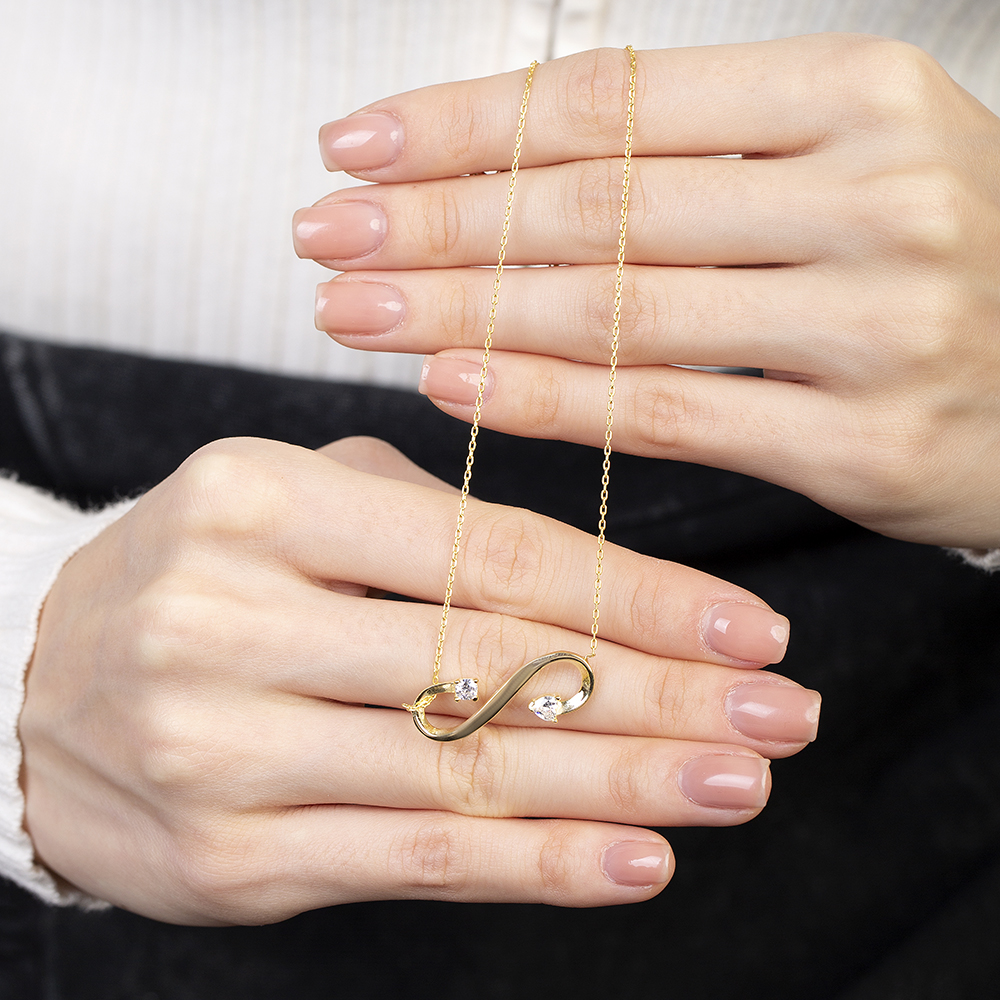 Zirkon Taşlı Sonsuzluk Tasarım Altın Renk 925 Ayar Gümüş Kadın Kolye - 5