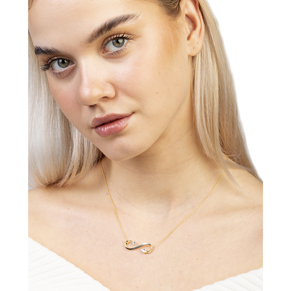 Zirkon Taşlı Sonsuzluk Tasarım Altın Renk 925 Ayar Gümüş Kadın Kolye - 2