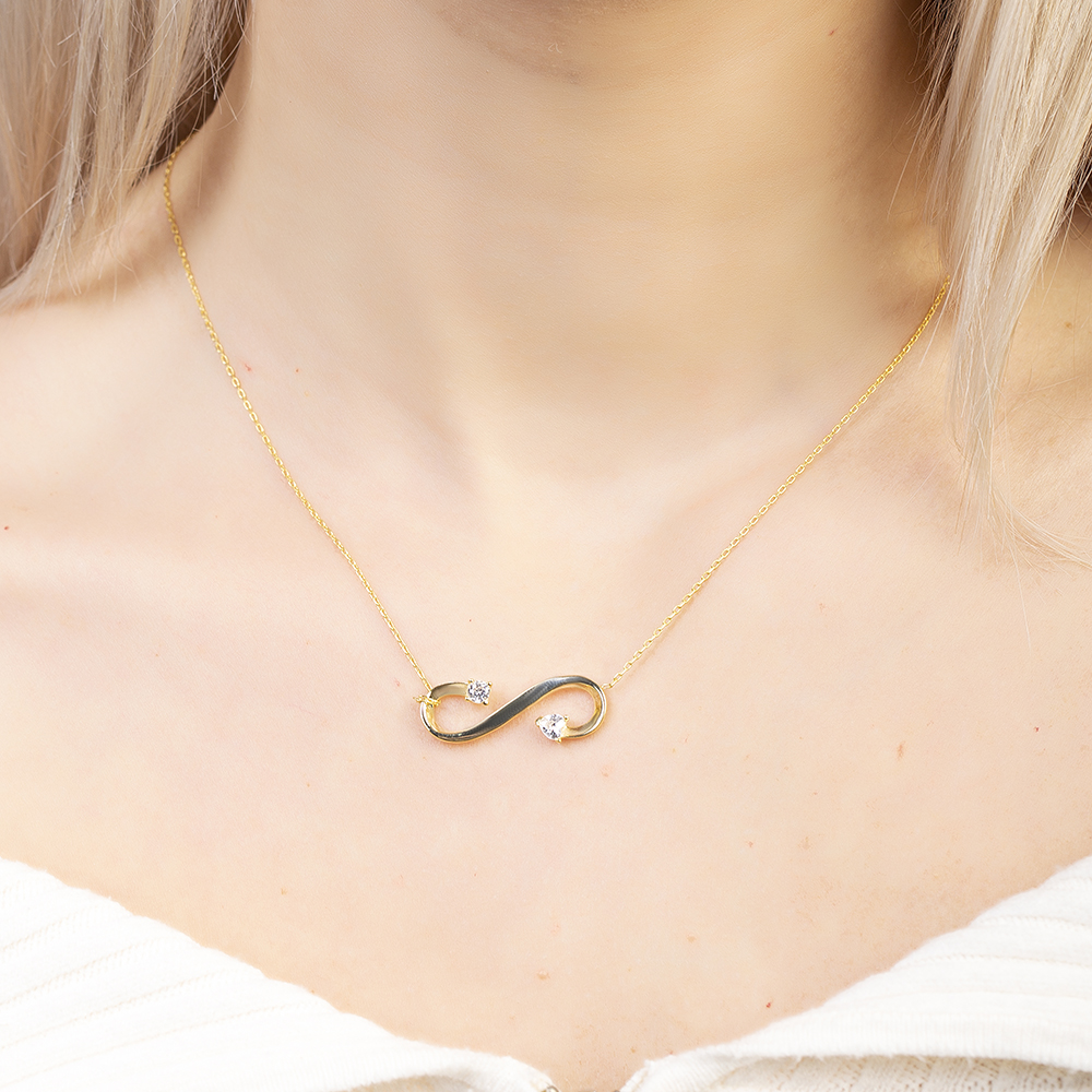 Zirkon Taşlı Sonsuzluk Tasarım Altın Renk 925 Ayar Gümüş Kadın Kolye - 4