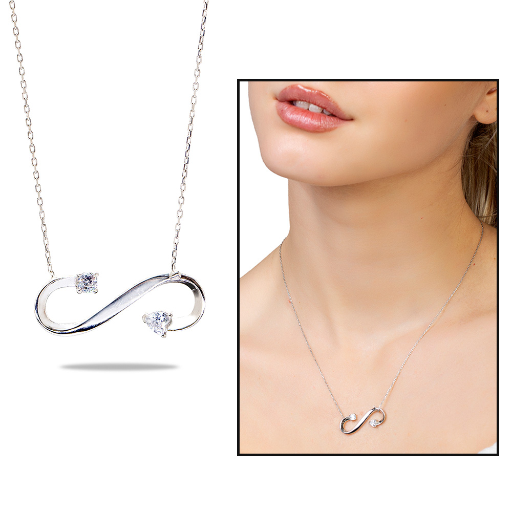 Zirkon Taşlı Sonsuzluk Tasarım Gümüş Renk 925 Ayar Gümüş Kadın Kolye - 1