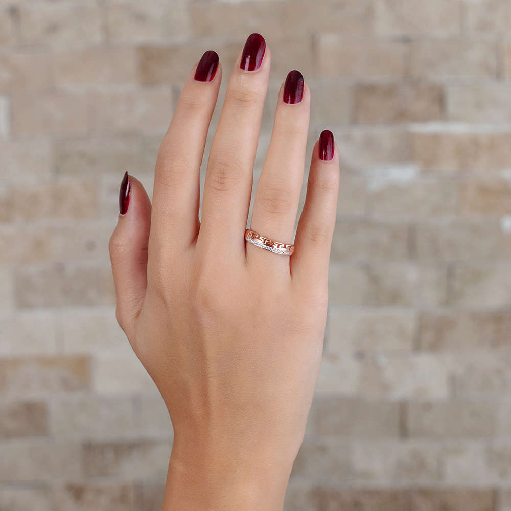 Zirkon Taşlı T Tasarım Rose Renk 925 Ayar Gümüş Bayan Yüzük - 3