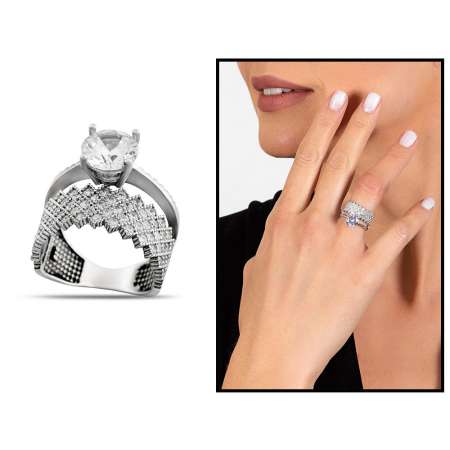 Zirkon Taşlı Taç Tasarım 925 Ayar Gümüş Kadın Tektaş Yüzük - Tesbihane