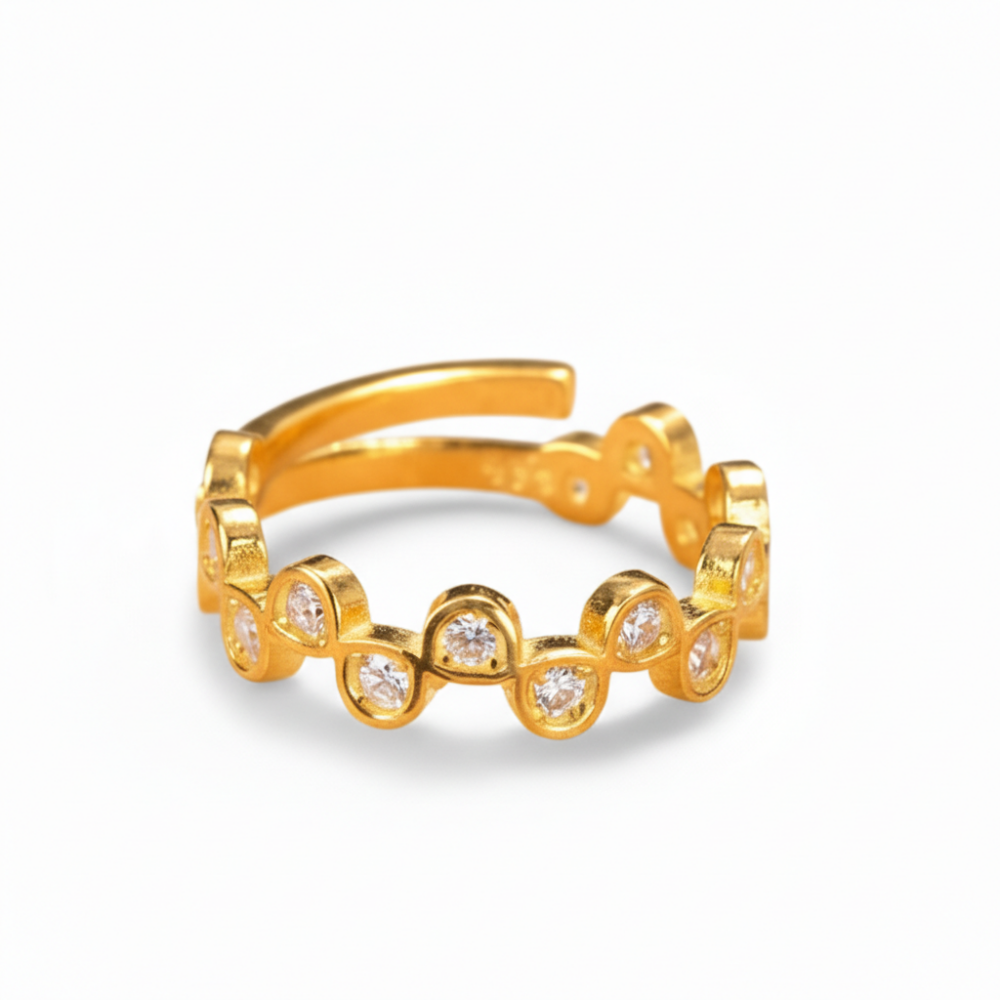 Zirkon Taşlı Taç Tasarım Altın Renk Ayarlanabilir Ölçü 925 Ayar Gümüş Kadın Yüzük - 4