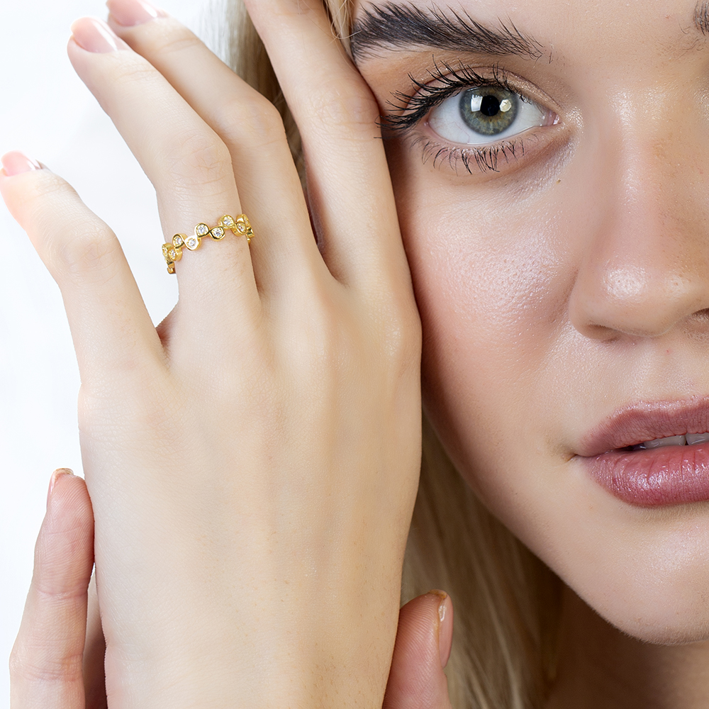 Zirkon Taşlı Taç Tasarım Altın Renk Ayarlanabilir Ölçü 925 Ayar Gümüş Kadın Yüzük - 2