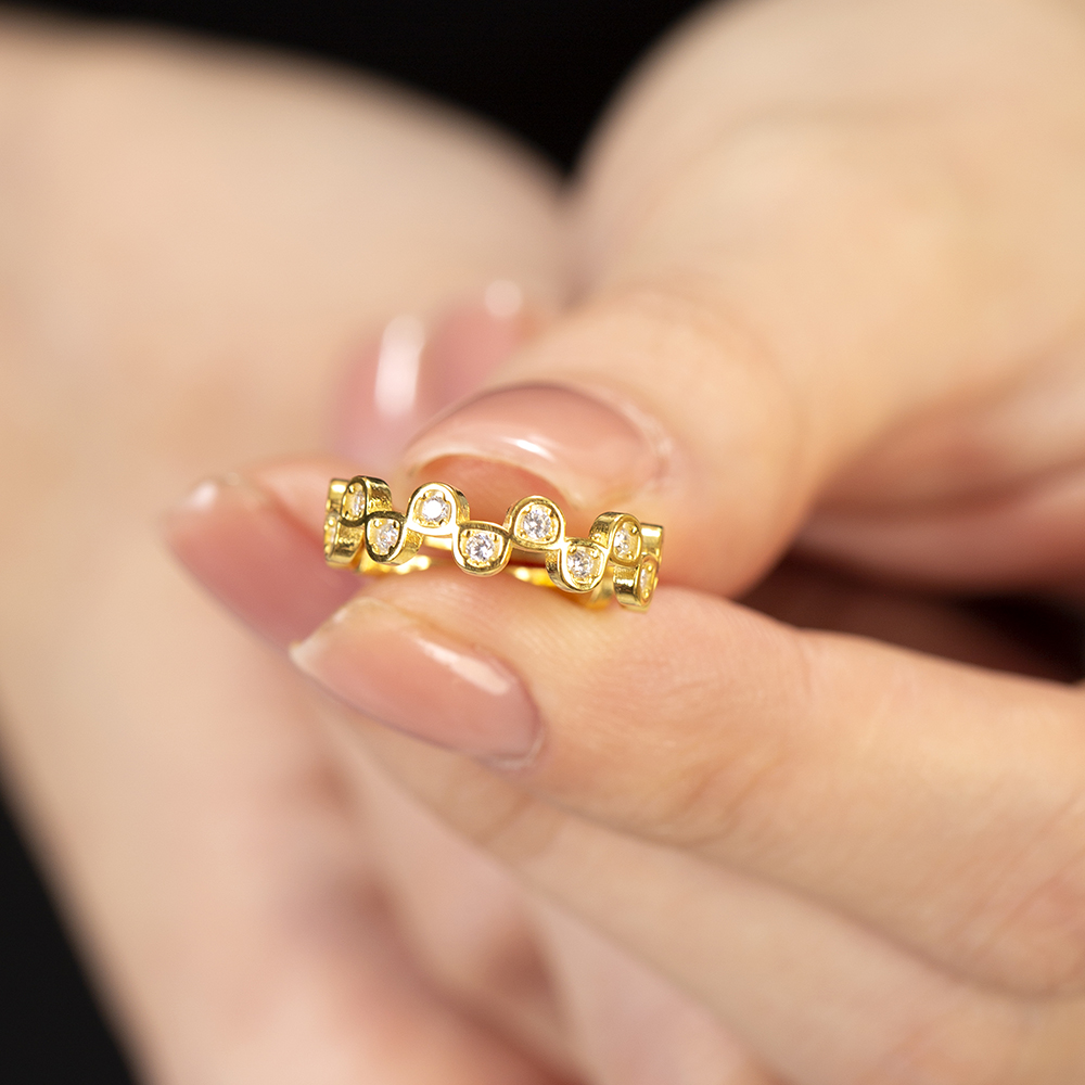 Zirkon Taşlı Taç Tasarım Altın Renk Ayarlanabilir Ölçü 925 Ayar Gümüş Kadın Yüzük - 5