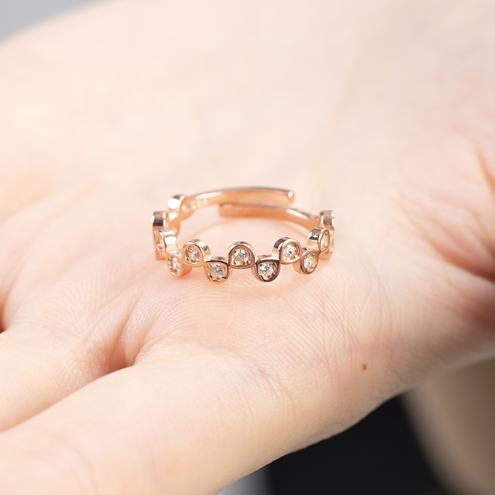 Zirkon Taşlı Taç Tasarım Rose Renk Ayarlanabilir Ölçü 925 Ayar Gümüş Kadın Yüzük - 3