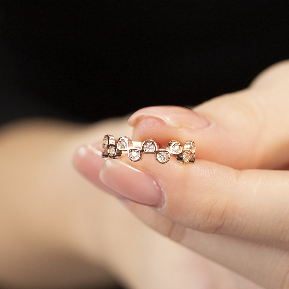 Zirkon Taşlı Taç Tasarım Rose Renk Ayarlanabilir Ölçü 925 Ayar Gümüş Kadın Yüzük - 4