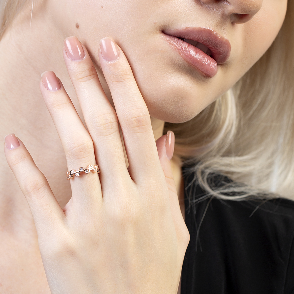 Zirkon Taşlı Taç Tasarım Rose Renk Ayarlanabilir Ölçü 925 Ayar Gümüş Kadın Yüzük - 5