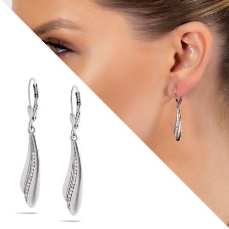 Zirkon Taşlı Üç Sıralı Yaprak Tasarım 925 Ayar Gümüş Kadın Küpe - Tesbihane