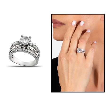 Zirkon Taşlı Üç Sıralı Zarif Tasarım 925 Ayar Gümüş Kadın Tektaş Yüzük - Tesbihane