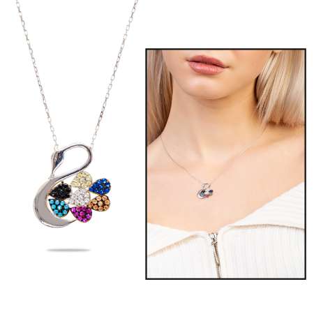 Zirkon Taşlı Uçan Balon Detaylı Kuğu Tasarım 925 Ayar Gümüş Kadın Kolye - Tesbihane