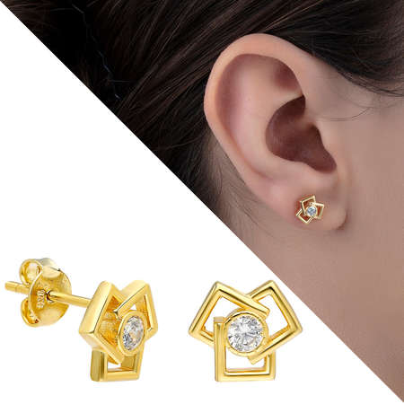 Zirkon Taşlı Üçlü Kare Tasarım Altın Renk 925 Ayar Gümüş Küpe - Tesbihane