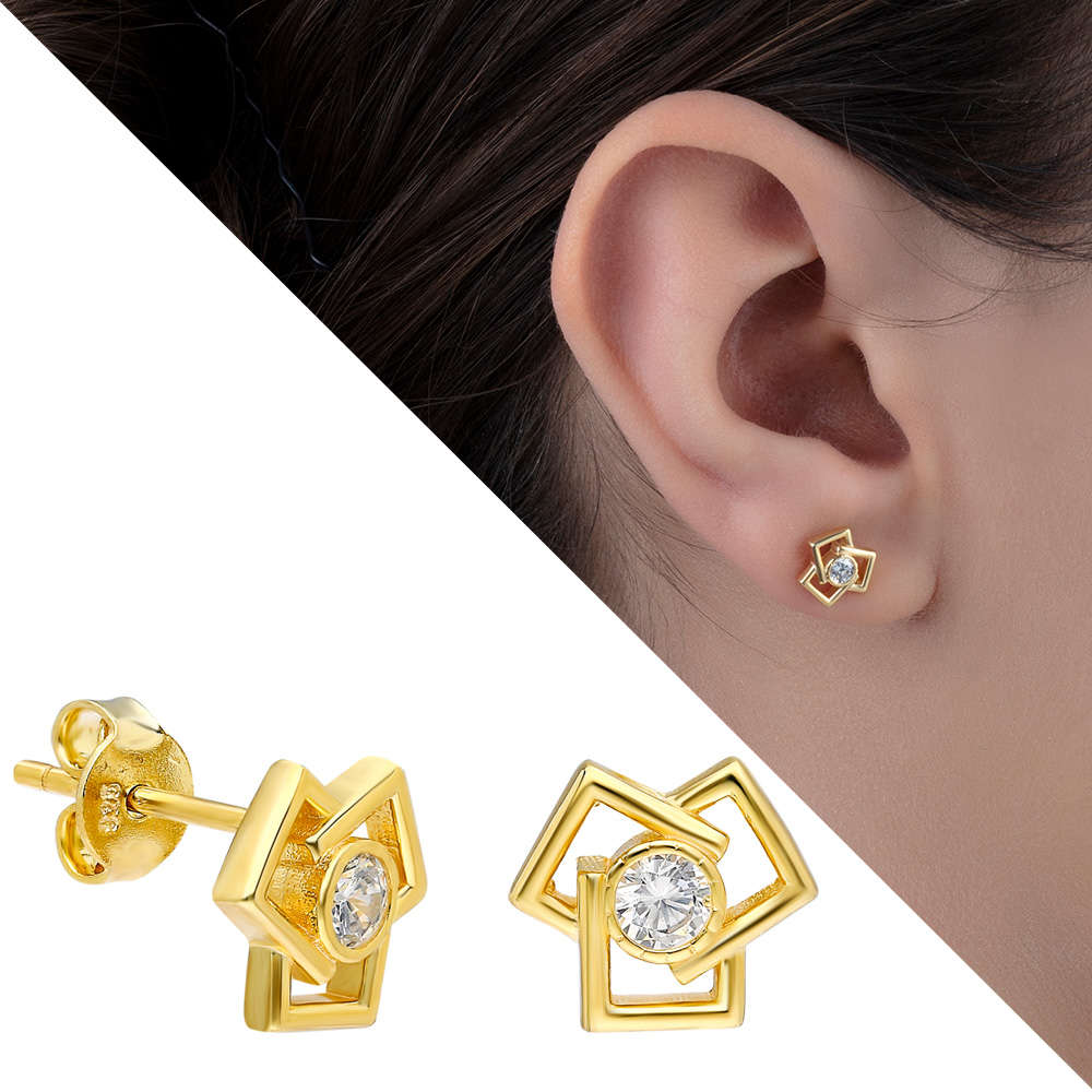 Zirkon Taşlı 3 lü Kare Tasarım Altın Renk 925 Ayar Gümüş Küpe - 1