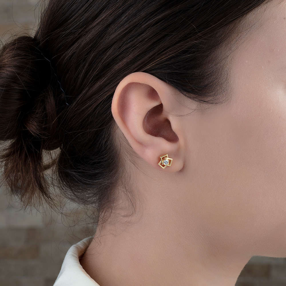 Zirkon Taşlı 3 lü Kare Tasarım Altın Renk 925 Ayar Gümüş Küpe - 2