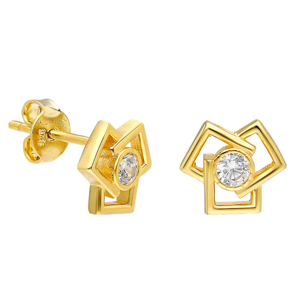 Zirkon Taşlı 3 lü Kare Tasarım Altın Renk 925 Ayar Gümüş Küpe - 3