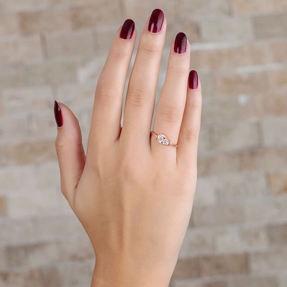 Zirkon Taşlı V Tasarım Rose Renk 925 Ayar Gümüş Bayan Yüzük - 3