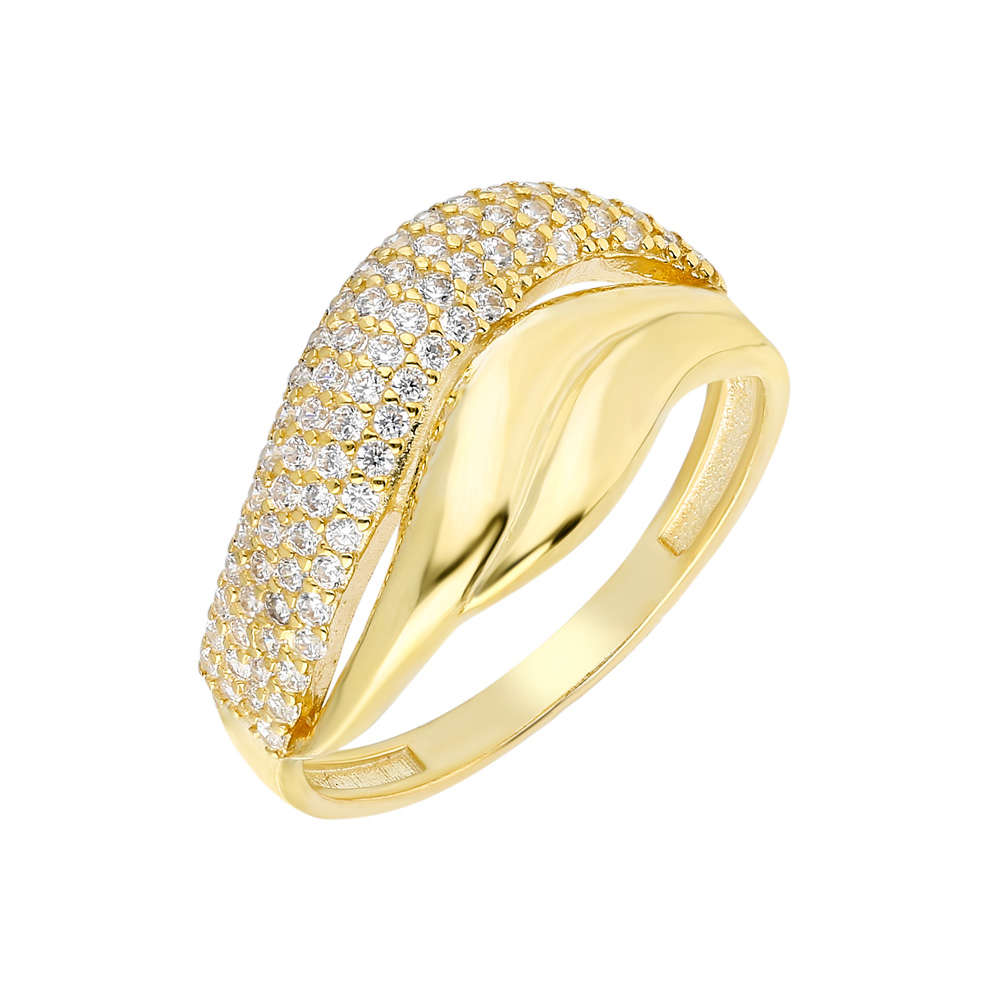 Zirkon Taşlı Wave Tasarım Gold Renk 925 Ayar Gümüş Bayan Yüzük - 2