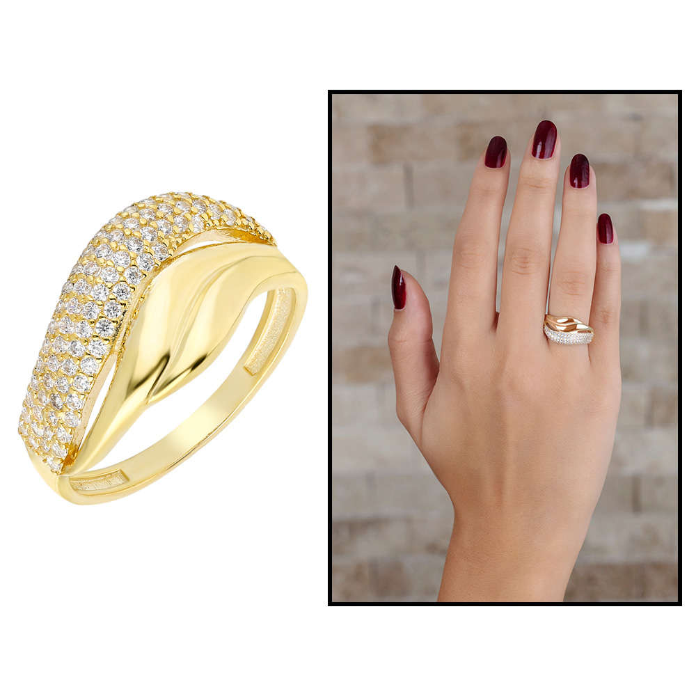 Zirkon Taşlı Wave Tasarım Gold Renk 925 Ayar Gümüş Bayan Yüzük - 1
