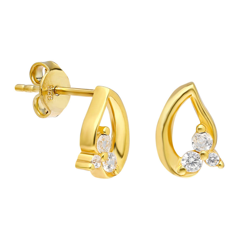 Zirkon Taşlı Yaprak Tasarım Altın Renk 925 Ayar Gümüş Küpe - 3