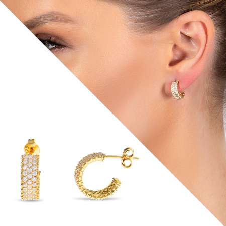 Zirkon Taşlı Yarım Tur Altın Renk 925 Ayar Gümüş Kadın Küpe - Tesbihane