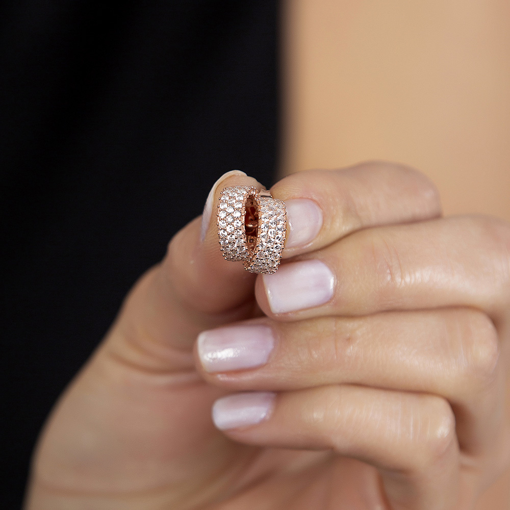 Zirkon Taşlı Yarım Tur Rose Renk 925 Ayar Gümüş Kadın Küpe - 2