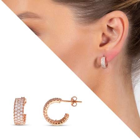 Zirkon Taşlı Yarım Tur Rose Renk 925 Ayar Gümüş Kadın Küpe - Tesbihane