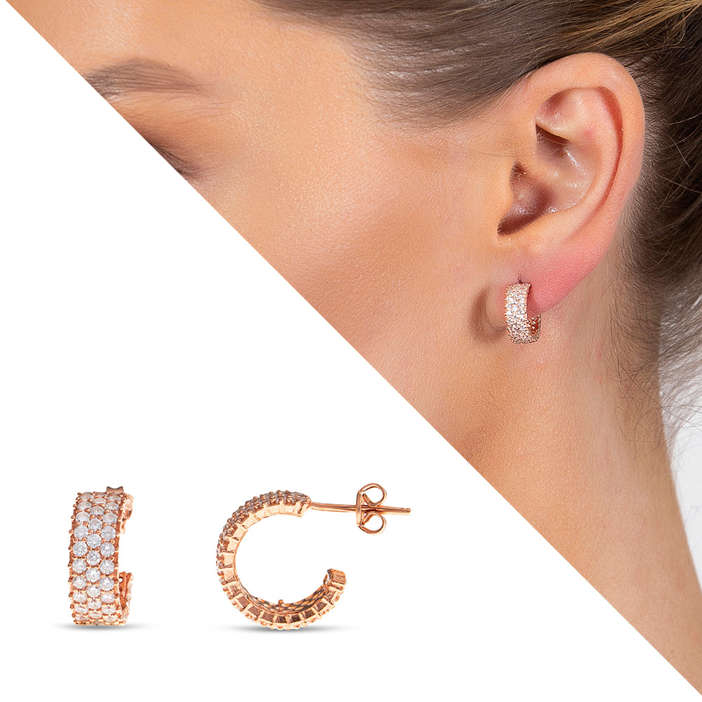 Zirkon Taşlı Yarım Tur Rose Renk 925 Ayar Gümüş Kadın Küpe - 1