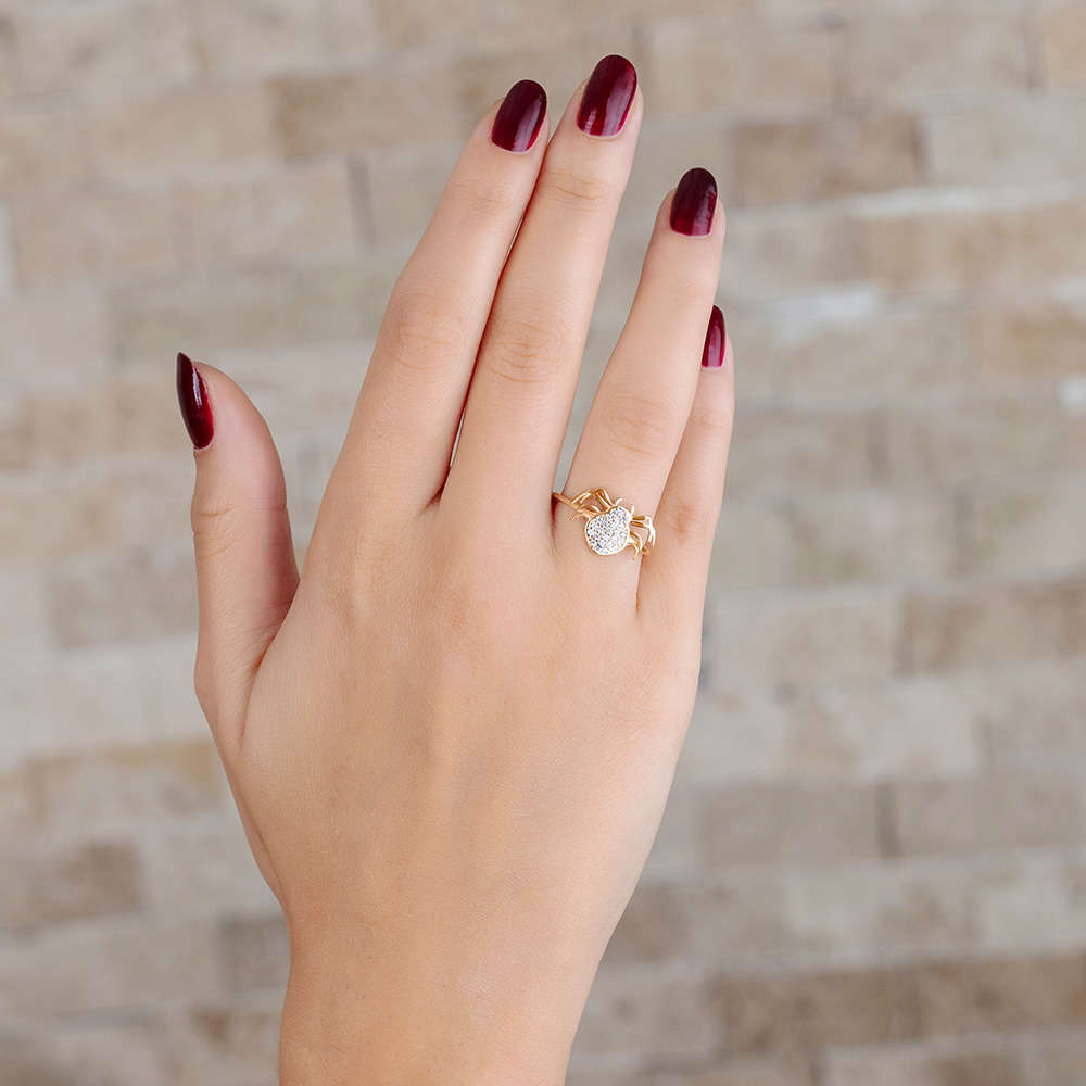 Zirkon Taşlı Spider Tasarım Altın Renk 925 Ayar Gümüş Bayan Yüzük - 3