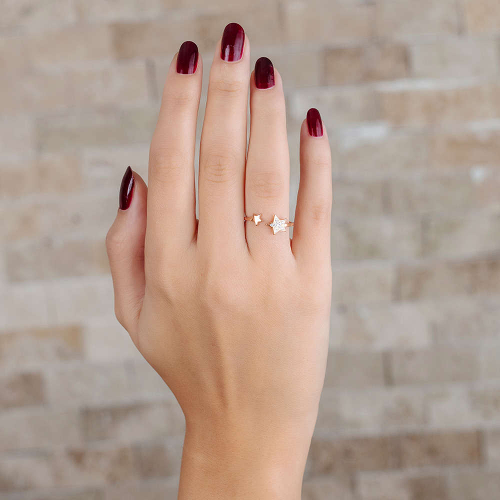 Zirkon Taşlı Yıldız Tasarım Altın Renk 925 Ayar Gümüş Bayan Yüzük - 3