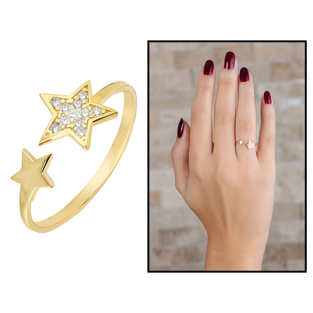 Zirkon Taşlı Yıldız Tasarım Altın Renk 925 Ayar Gümüş Bayan Yüzük - 1