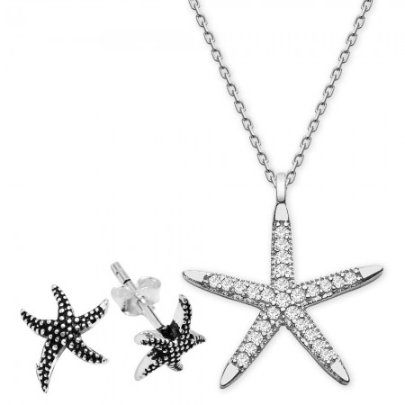 Zirkon Taşlı Yıldız Tasarım Gümüş Kolye ve Küpe Kombini - Tesbihane