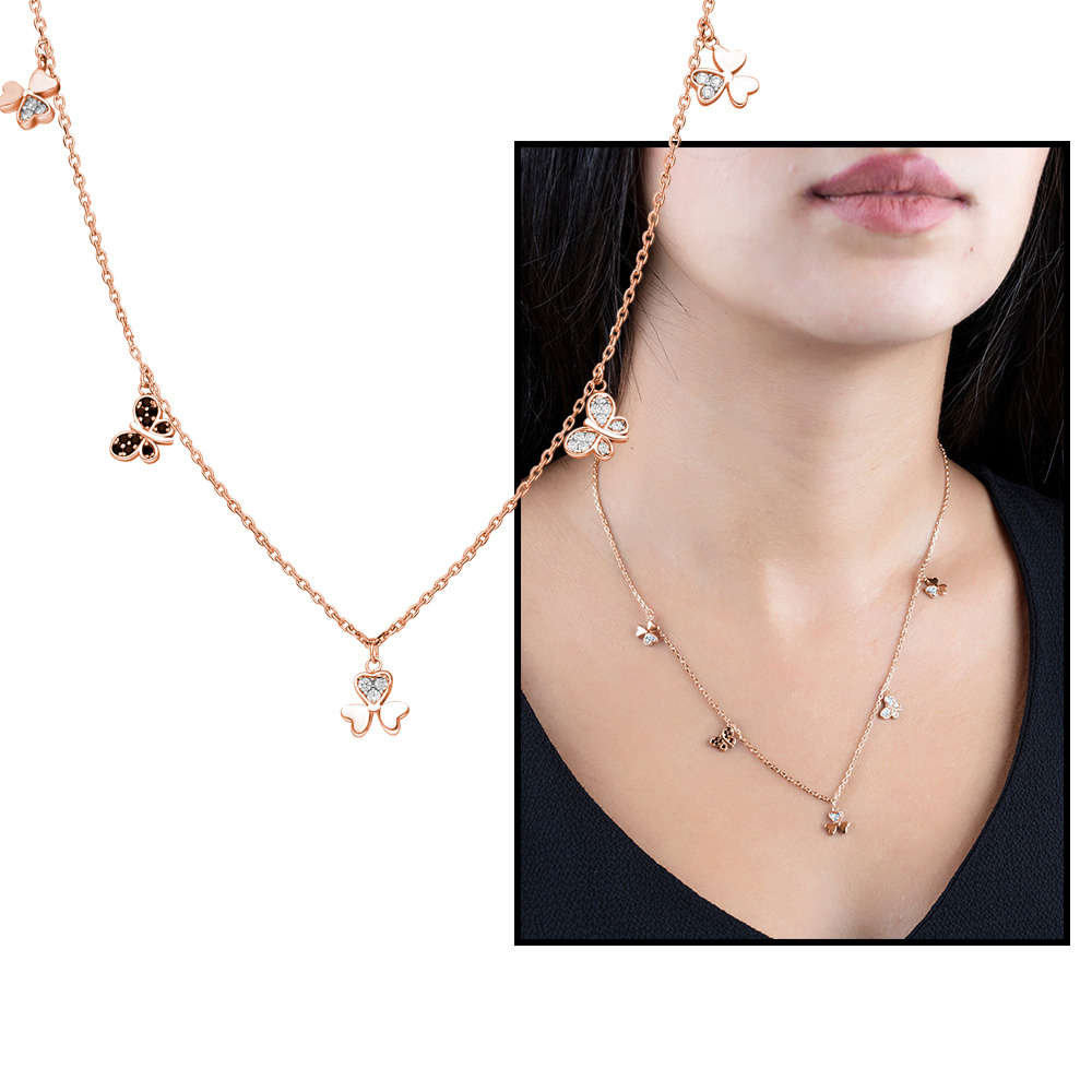 Zirkon Taşlı Yonca Yaprağı Kelebek Kombinli Rose Renk 925 Ayar Gümüş Şans Kolyesi - 1