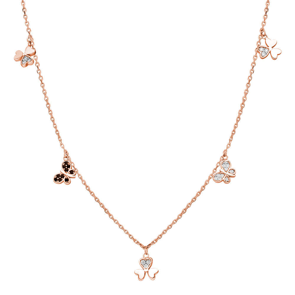 Zirkon Taşlı Yonca Yaprağı Kelebek Kombinli Rose Renk 925 Ayar Gümüş Şans Kolyesi - 3