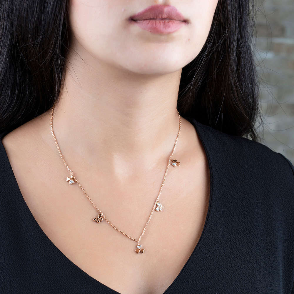 Zirkon Taşlı Yonca Yaprağı Kelebek Kombinli Rose Renk 925 Ayar Gümüş Şans Kolyesi - 2