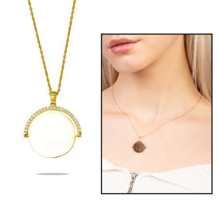 Zirkon Taşlı Yuvarlak Model Altın Renk İsme Özel Yazılı 925 Ayar Gümüş Kadın Kolye - Tesbihane