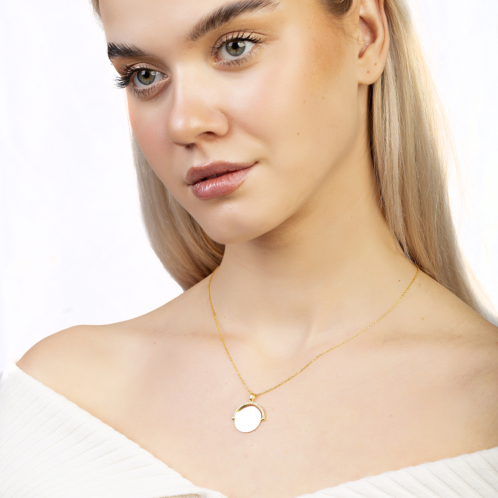 Zirkon Taşlı Yuvarlak Model Altın Renk İsme Özel Yazılı 925 Ayar Gümüş Kadın Kolye - 4