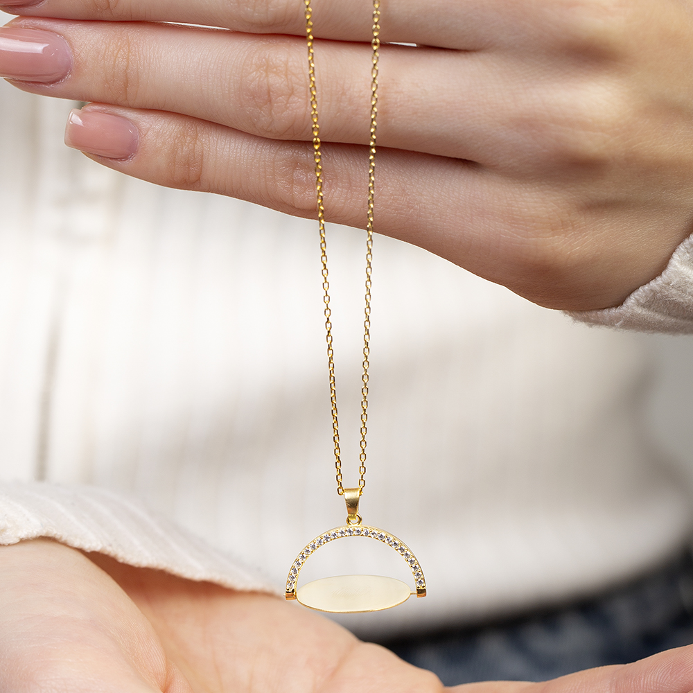 Zirkon Taşlı Yuvarlak Model Altın Renk İsme Özel Yazılı 925 Ayar Gümüş Kadın Kolye - 6