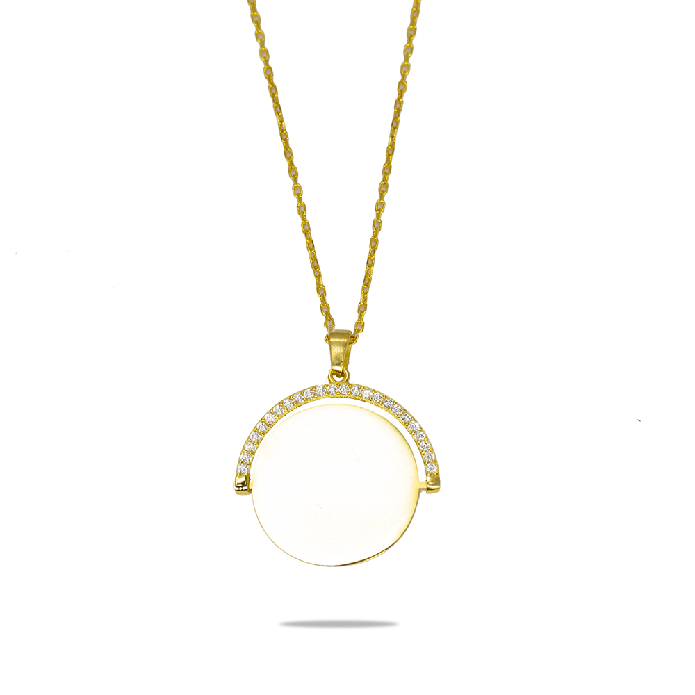 Zirkon Taşlı Yuvarlak Model Altın Renk İsme Özel Yazılı 925 Ayar Gümüş Kadın Kolye - 2