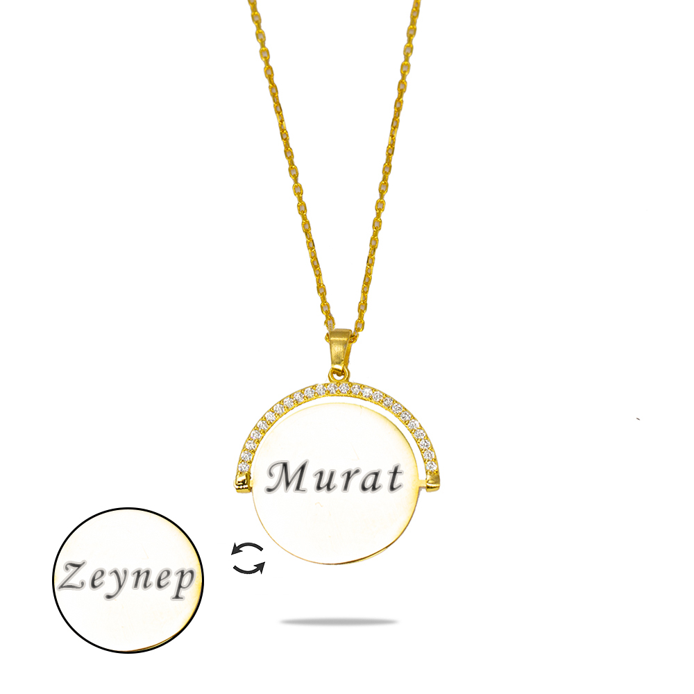 Zirkon Taşlı Yuvarlak Model Altın Renk İsme Özel Yazılı 925 Ayar Gümüş Kadın Kolye - 3