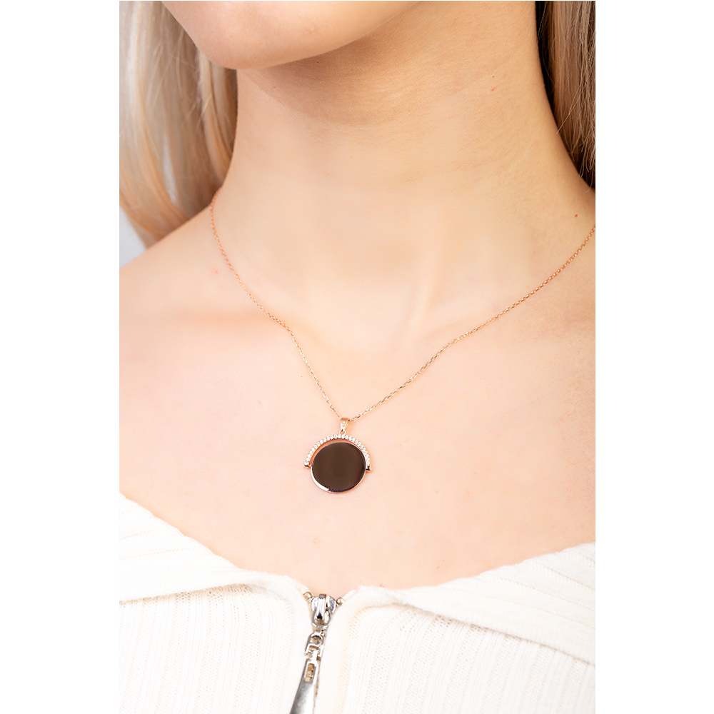 Zirkon Taşlı Yuvarlak Model Rose Renk İsme Özel Yazılı 925 Ayar Gümüş Kadın Kolye - 2