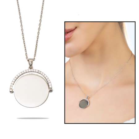 Zirkon Taşlı Yuvarlak Model Gümüş Renk İsme Özel Yazılı 925 Ayar Gümüş Kadın Kolye - Tesbihane