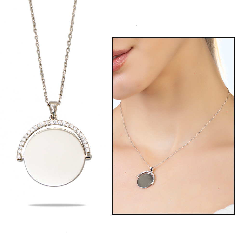 Zirkon Taşlı Yuvarlak Model Gümüş Renk İsme Özel Yazılı 925 Ayar Gümüş Kadın Kolye - 1