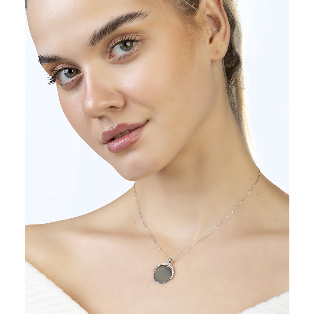 Zirkon Taşlı Yuvarlak Model Gümüş Renk İsme Özel Yazılı 925 Ayar Gümüş Kadın Kolye - 6