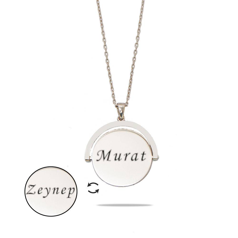 Zirkon Taşlı Yuvarlak Model Gümüş Renk İsme Özel Yazılı 925 Ayar Gümüş Kadın Kolye - 3