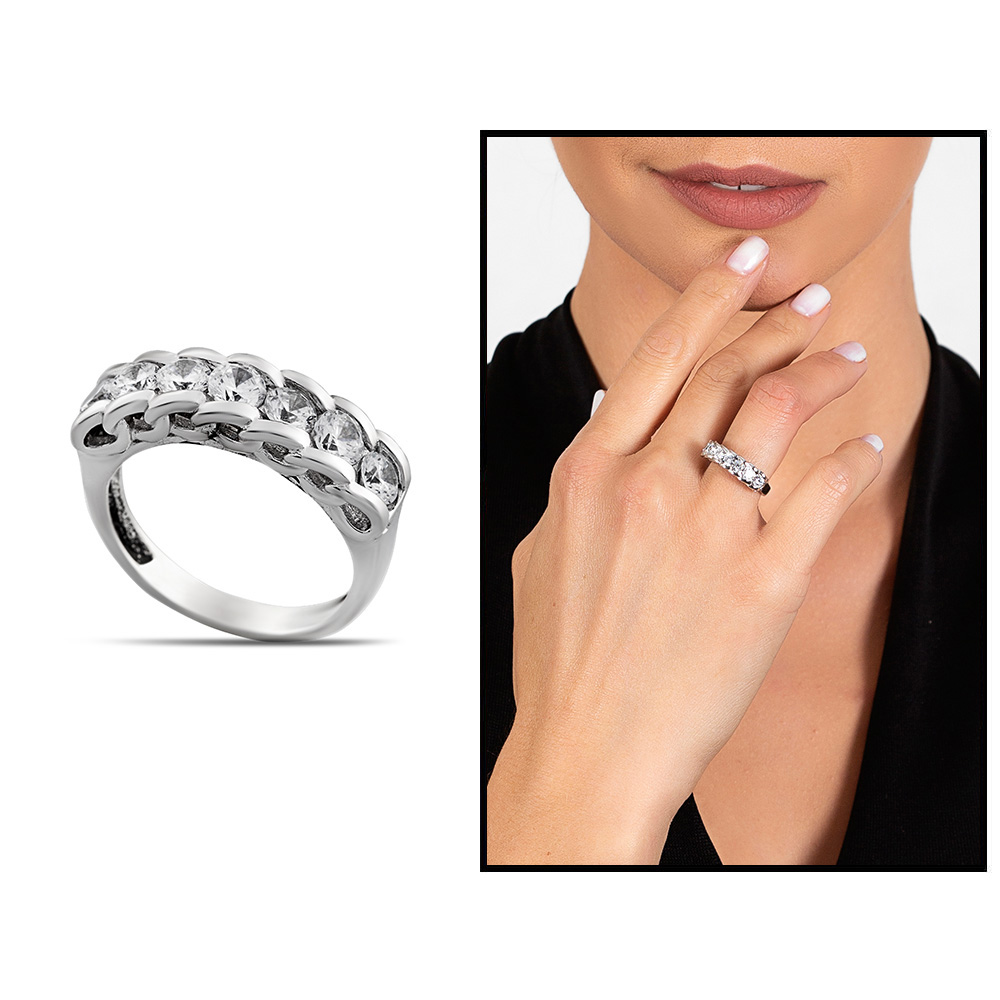 Zirkon Taşlı Zincir Tasarım 925 Ayar Gümüş Kadın Multi Taş Yüzük - 1